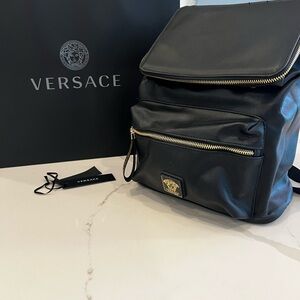 Brand New VERSACE Black and Gold Medusa Black Leather Backpack